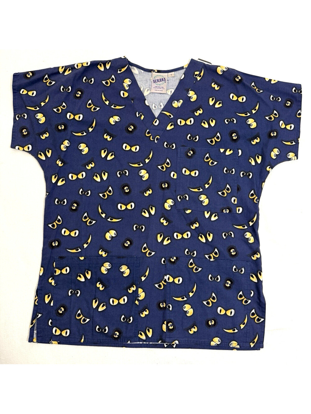SCRUBS Brand Womens Halloween Scrub Top V-Neck Navy Blue Spooky Eyes Pattern